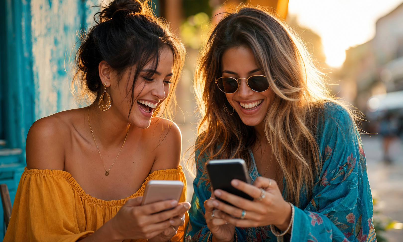 Two friends laughing and sharing their phones